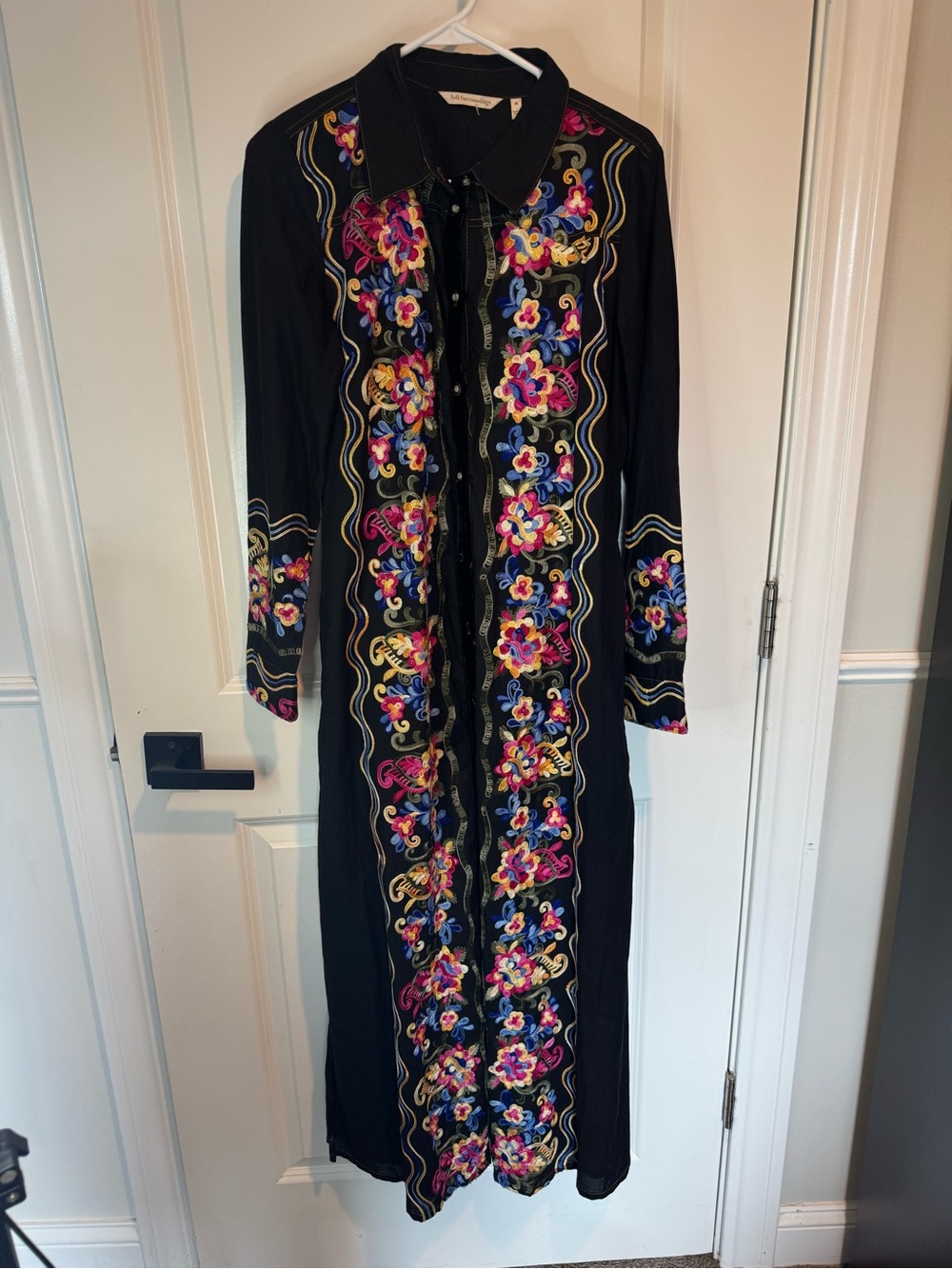 Soft Surroundings Black Maxi Dress with Multicolor Floral Embroidery